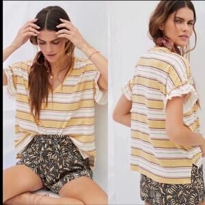 Anthropologie NWT Pilcro Yellow Striped Ruffle-Sleeve T-shirt